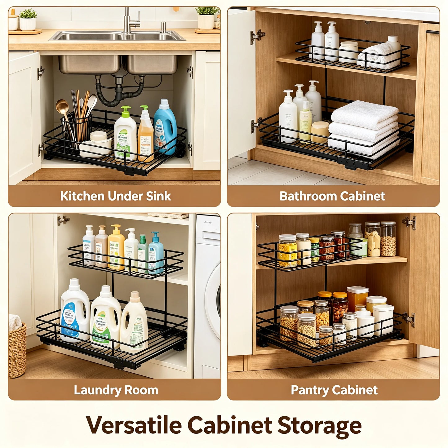 Under Sink Organizer 2-Tier Pull Out Cabinet Storage Rack, L-Shaped Slide Out Basket with Ball-Bearing Rails for Kitchen Bathroom, 22 lbs Capacity, Black