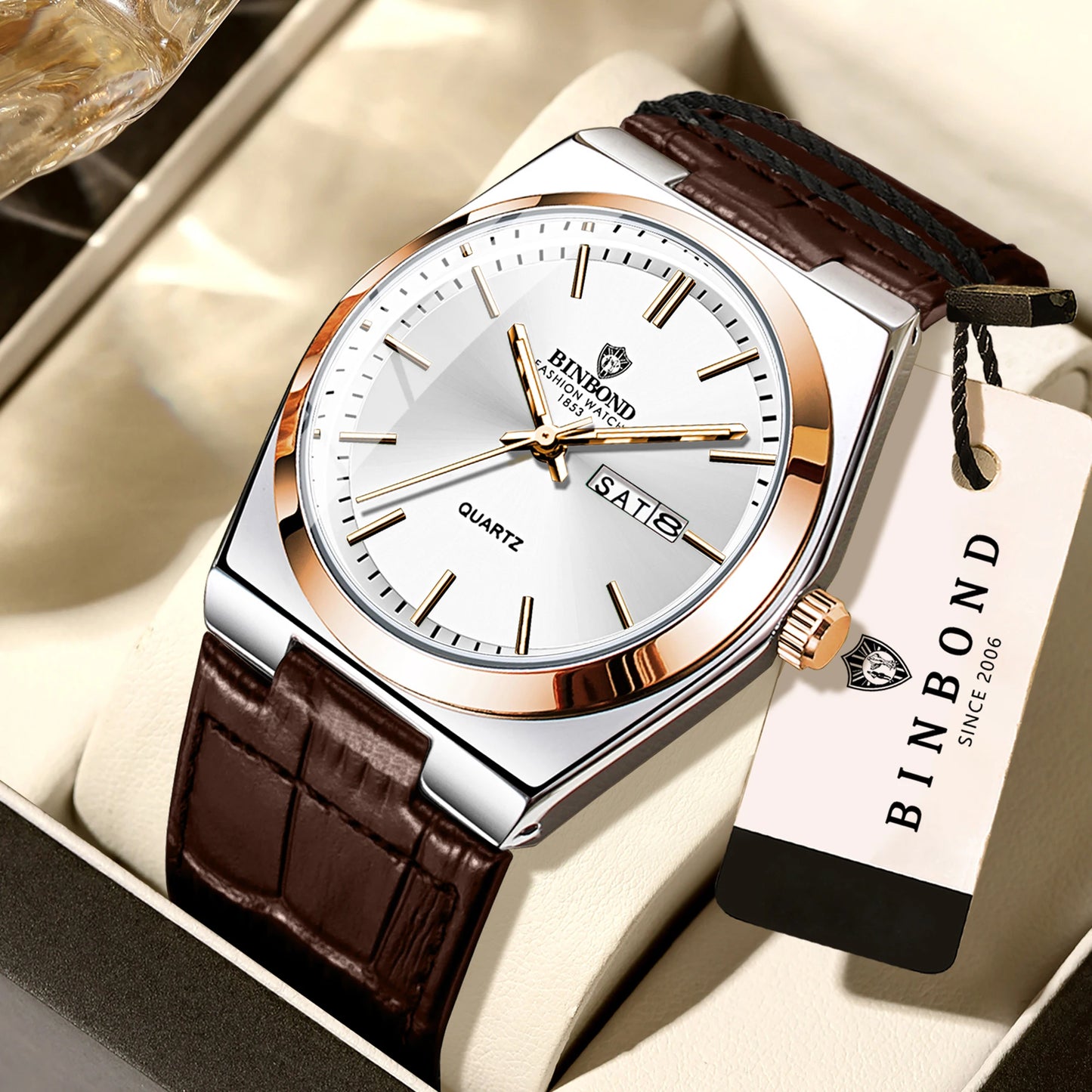 BINBOND Durable Men's Watch Reloj Leather Strap Luxury Quartz Wristwatches Precise Luminous Waterproof Auto Date Week Display