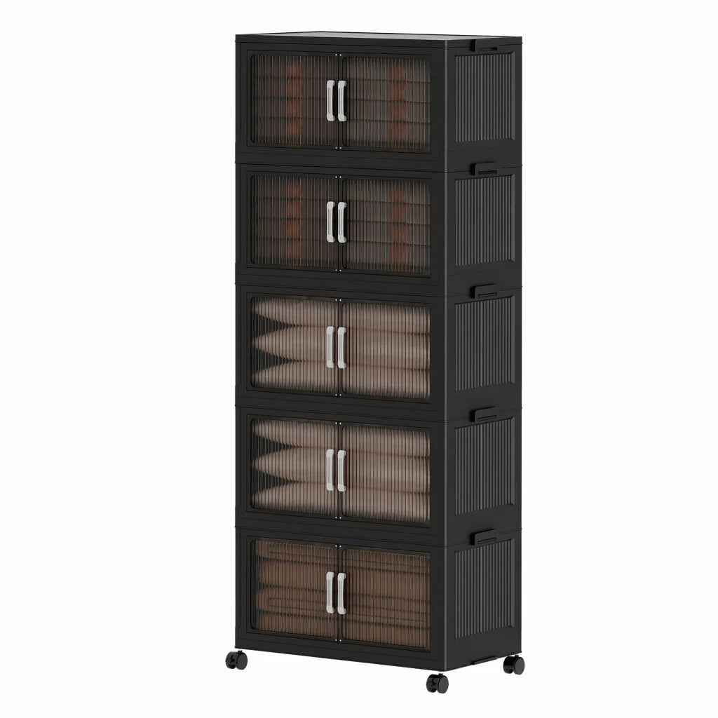 5‑Tier Stackable Plastic Storage Cabinet with Wheels, Foldable Storage Organizer with Transparent Flip‑Door, Multi‑Layer Portable Closet Organizer for Bedroom Living Room Home