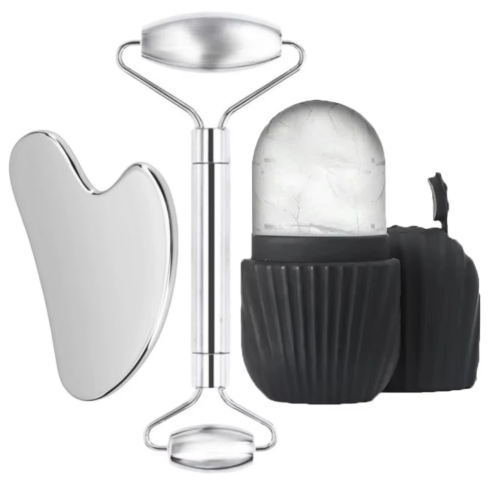 1/3PCS Face Ice Roller Stainless Steel Gua Sha Board Face Massage Roller Facial Massager Face Lifting Beauty Skin Care Tools