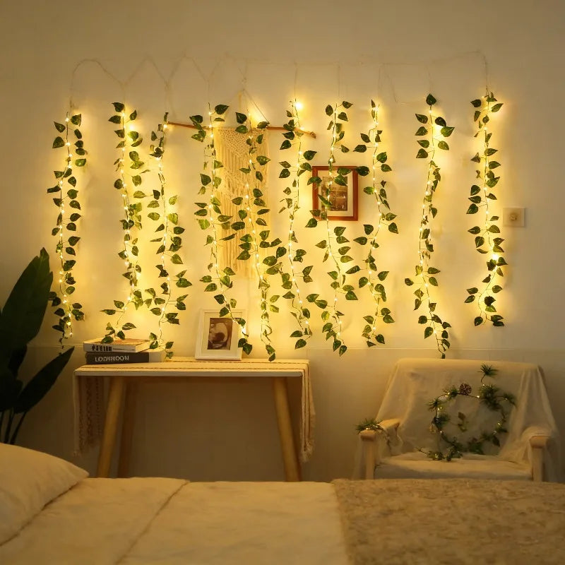Green Leaf String Lights 5/10M Artificial Ivy Vine Fairy Light Wedding Party Decoration Christmas Home Decor Wall Plant