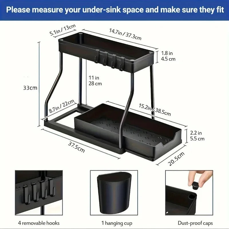 2-Tier Pull Out Under Sink Organizer Space Saving Rack Kitchen Bathroom Holder For Cleaning Supplies Toiletries Sundries