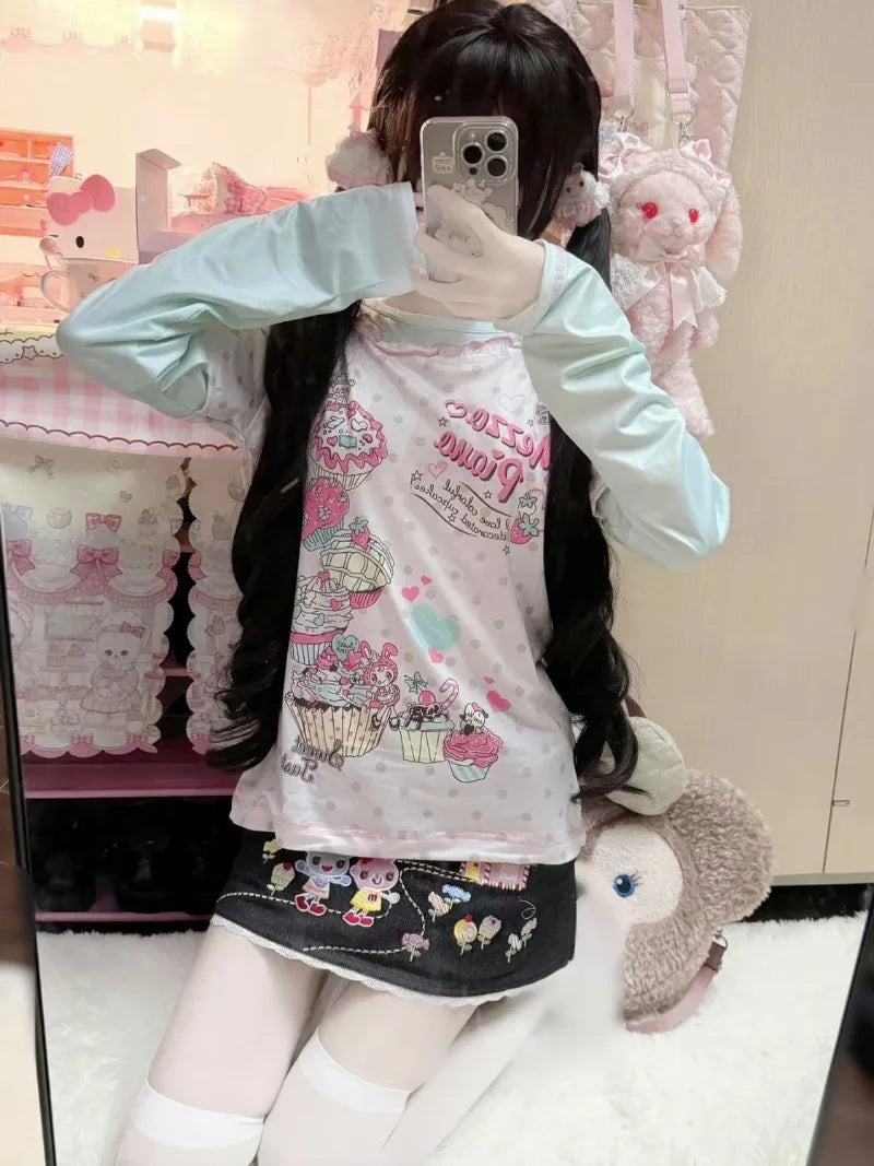Japanese Sweet Cartoon Polka Dot Print Women T-shirt Loose Kawaii Contrast Color Cute Graphic Tee Tops Y2k Aesthetic Tshirts