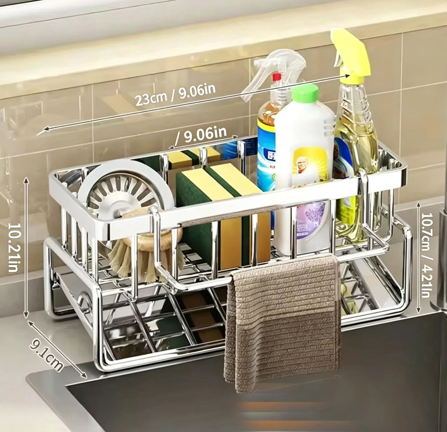 Stainless Steel Kitchen Sink Caddy Organizer, Adhesive Sponge Holder With Drain Tray, Multi Compartment Dish Brush Soap Storage Rack, Household Countertop Sink Accessory