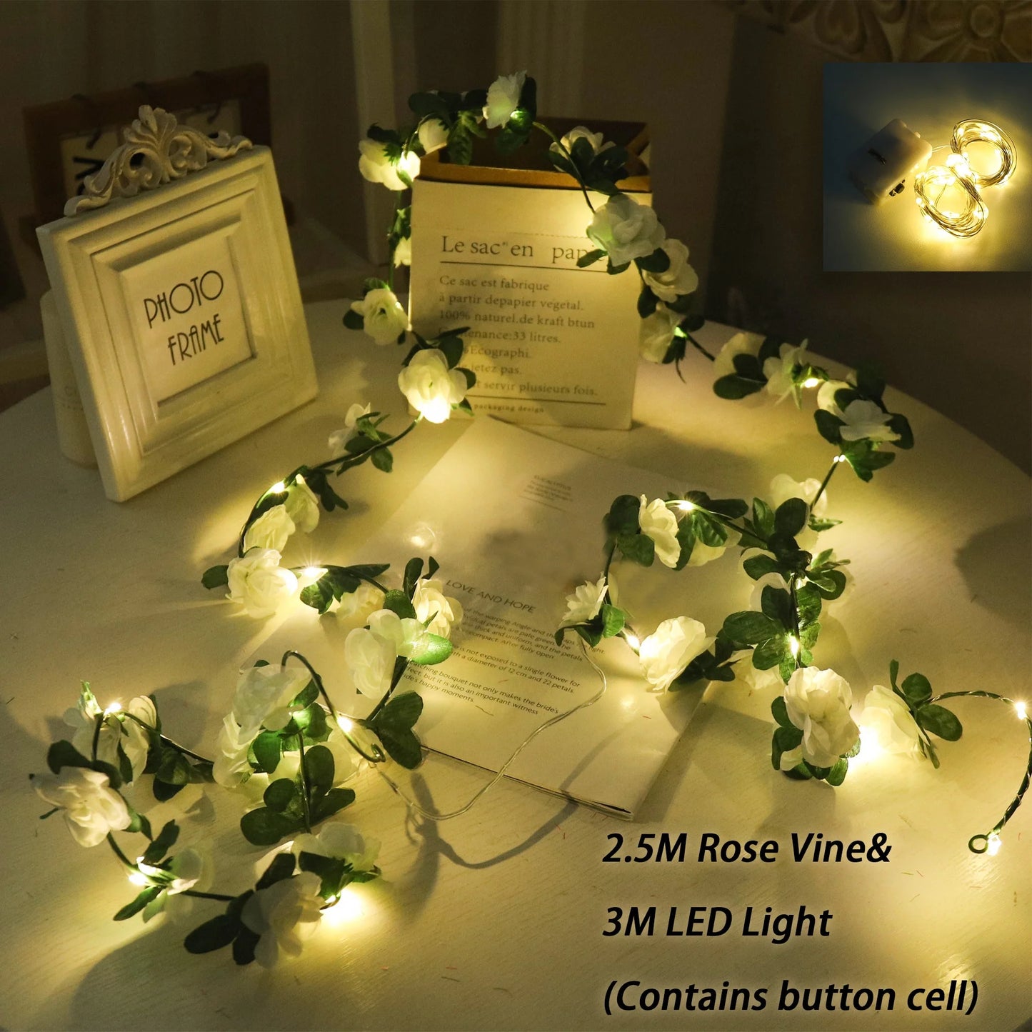 Rose LED Lights String Artificial Flowers Ivy Leaves Wedding Garland Home Room Decoration Arch Hanging Wall Garden Party Decor