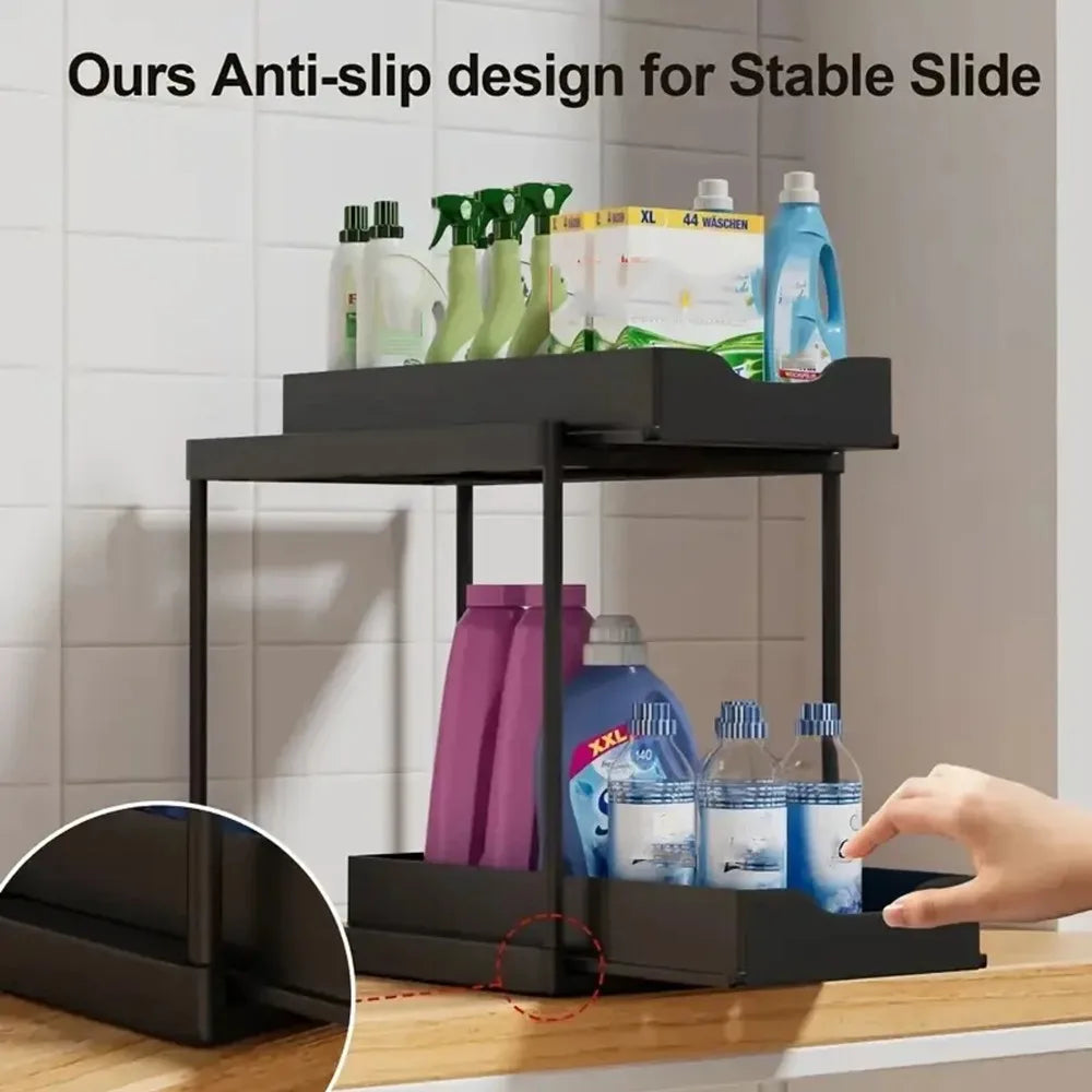 New 2 Tier Under Sink Pull Out Sliding Multi Function Space Saving Organizer Rack for Kitchen Bathroom