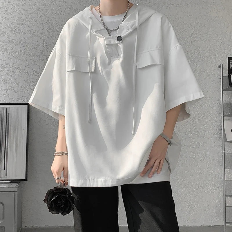 5 Colors Summer Hooded T shirt Men Korean Half Sleeve Pullover Streetwear Loose T-shirt Tops Drawstring Men Clothing