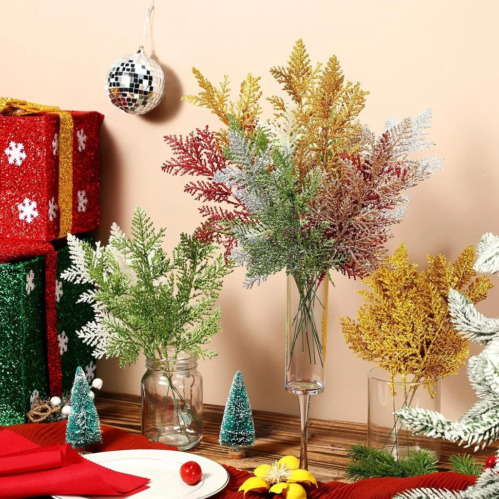 10/20Pcs Glitter Artificial Leaves Bundle Xmas Christmas Tree Decoration Vase Arrangement Home Party DIY Floral Garland Decor