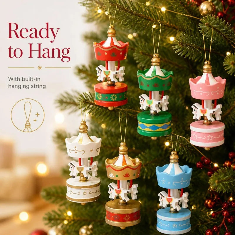 Xmas Carousel Hanging Pendant Wooden Carousel with Hanging Cord Christmas Tree Decorations Holiday Gifts Wooden Horse Ornament