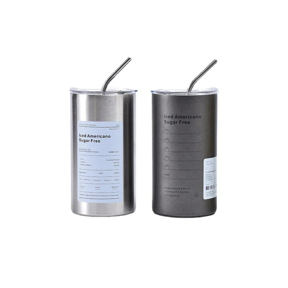 Portable 600ml Thermos Cup 304 Stainless Steel Coffee Mug Thermal Leak-proof Water Bottle with Straw Insulated Bottle Drinkware