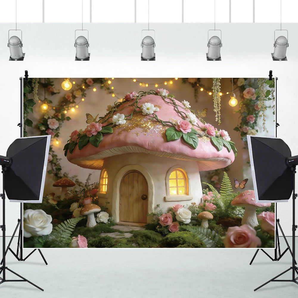 Pink Mushroom House Backdrop Enchanted Fairy Forest Floral Photography Background for Girls Birthday Baby Shower Party Decor