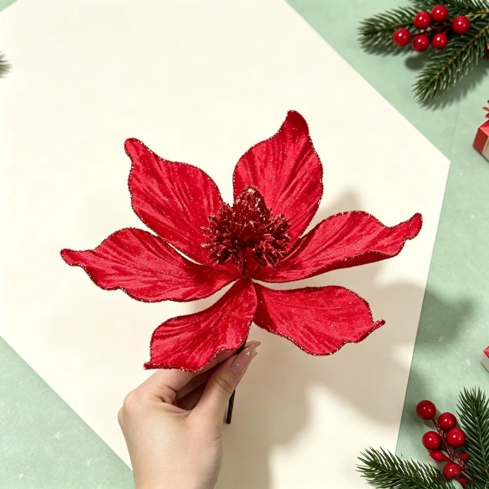 1/3Pcs 20cm Christmas Glitter Artificial Flowers Ornaments Faux Flower for Xmas Tree Wreath New Year 2026 Holiday Decoration
