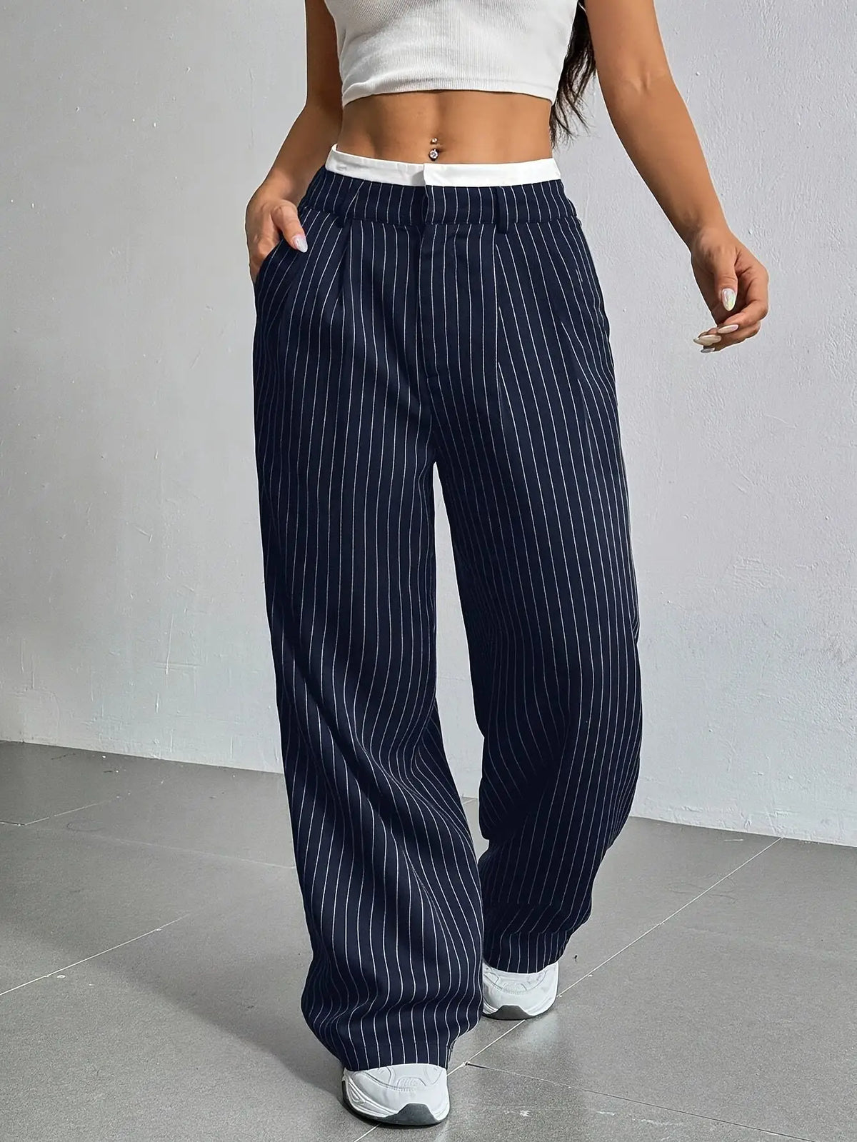 Women's Straight Leg Pinstripe Trousers High Waist Office Business Pants Casual Striped Dressy With Pockets