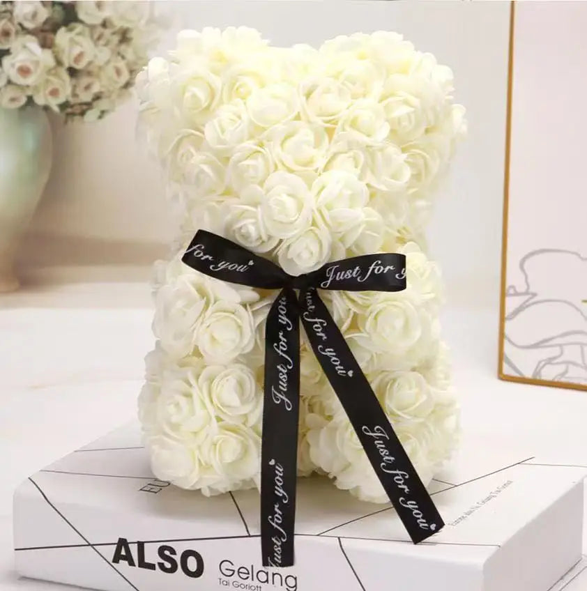 25cm Artificial Teddy Rose Flower Bear with Box Romantic Valentines Day Gift Girlfriend Women Anniversary Wedding Party Supplies