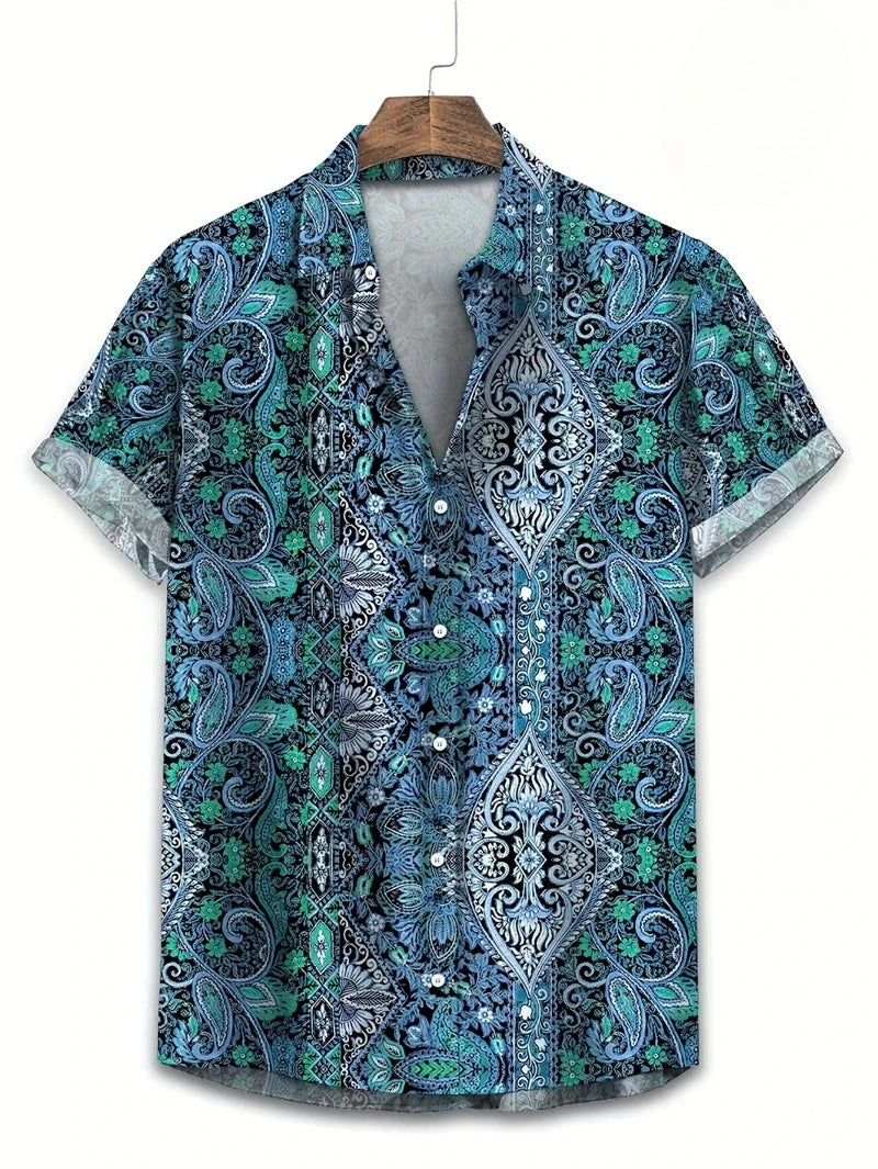 Hawaii Shirts for Men 3D Paisley Graphic Short-sleeved T-shirt Casual Lapel Buttons Male Tops Summer Oversized Bohemian Man Tees