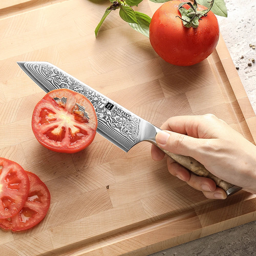 XINZUO Damascus Steel Bunka Chef Knife 5.8-inch 67-Layer Super Steel Figured Sycamore Wood Handle Exquisite Brass Rivet Gift Box