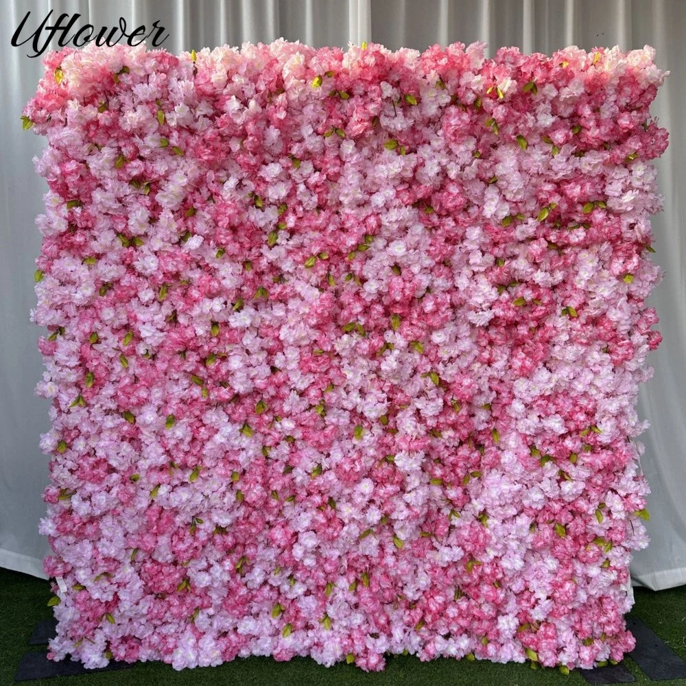 Uflower Pink Cherry Blossom 5D Cloth Flower Wall Wedding Backdrop Fabric Hanging Curtain Floral Window Display Party Event Props