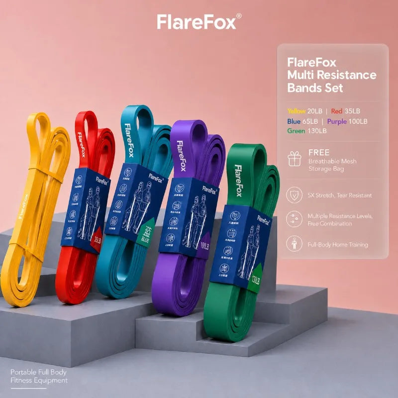 FlareFox Multiple Resistance Bands Set Pull-up Assist Straps Strength Agility Training Handy Gym Equipment for Home CrossFit