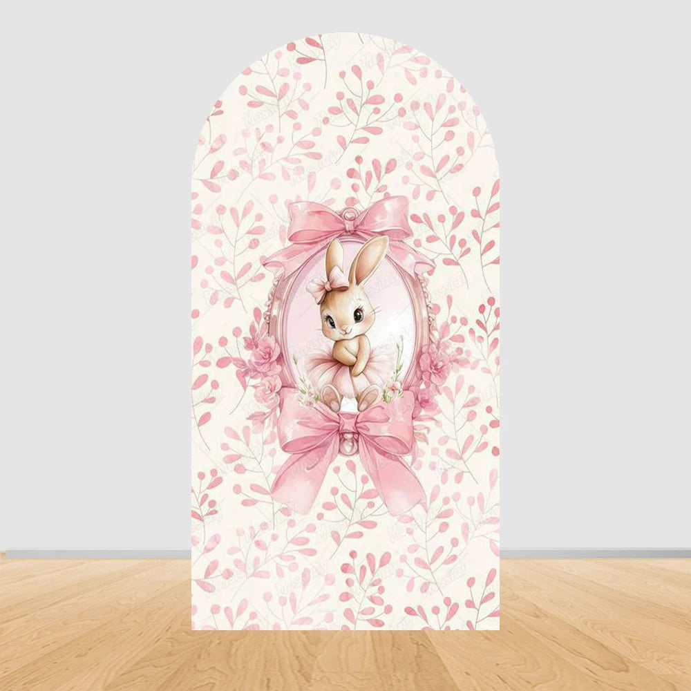 Cute Pink Bow Ballerina Bunny Rabbit Arch Backdrop Cover Flowers Pink Ballet Girl 1st Birthday Party Decor Arch Wall Background