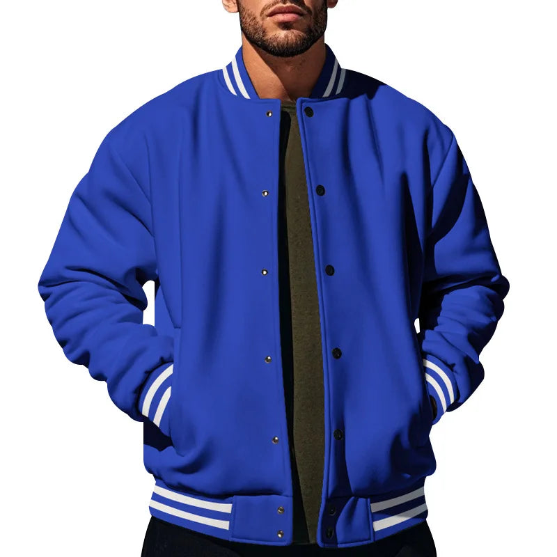 Men's Varsity Baseball Jacket Ribbed Collar Button Down Long Sleeve Loose Fit Casual Streetwear Bomber Coat With Pockets