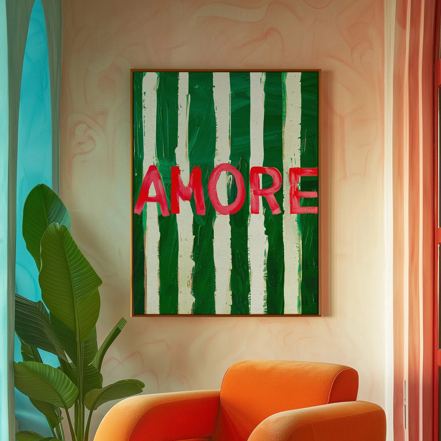 Amore Green Striped Canvas Printing Vino Wine Glass & Pepper Wall Art Poster Modern Living Room Bedroom Kitchen Home Decor Gifts