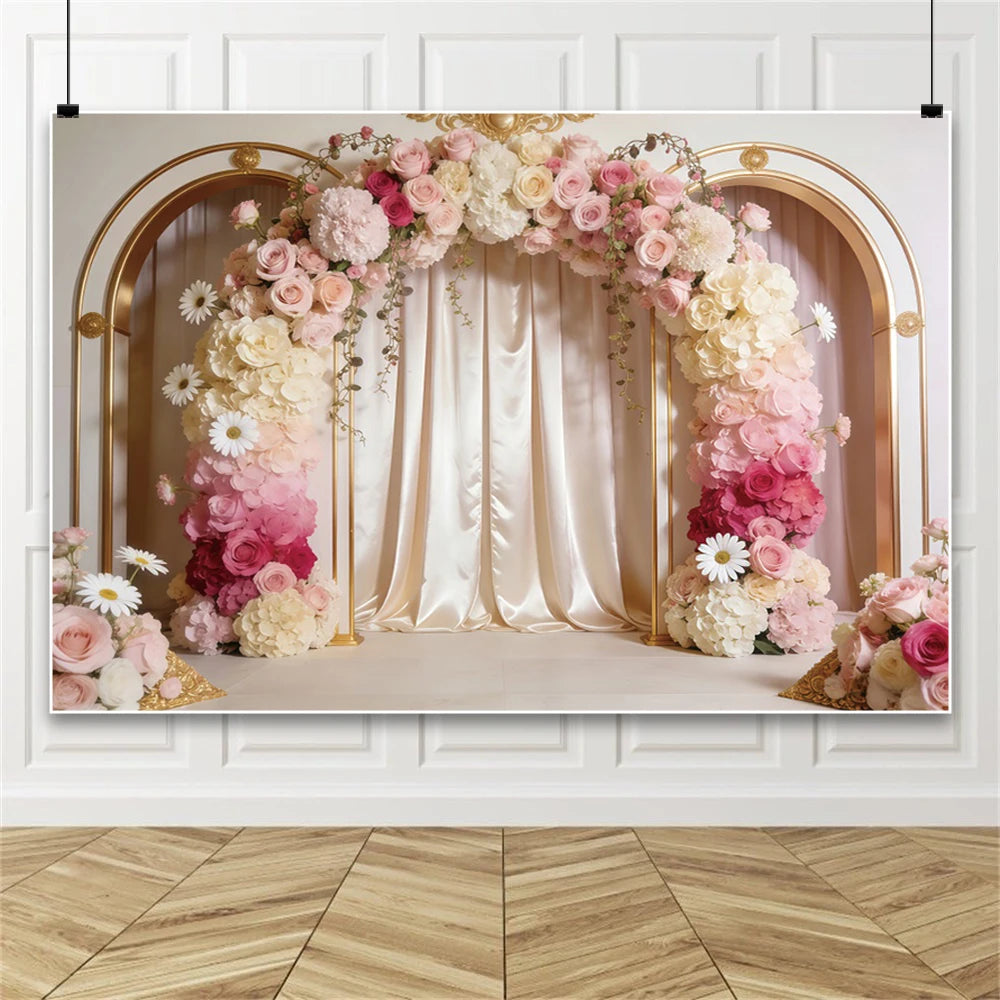 Pink Floral Wedding Backdrop Rose Arch Satin Drapery Photography Background for Bridal Shower Ceremony Photo Booth Decor