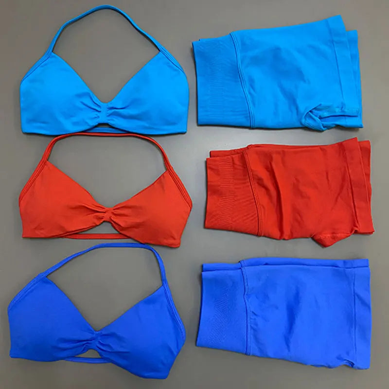 Women Yoga Set Ruched Sports Bra High Waist Shorts 2 Piece Workout Outfit Gym Fitness Activewear Seamless Training Set