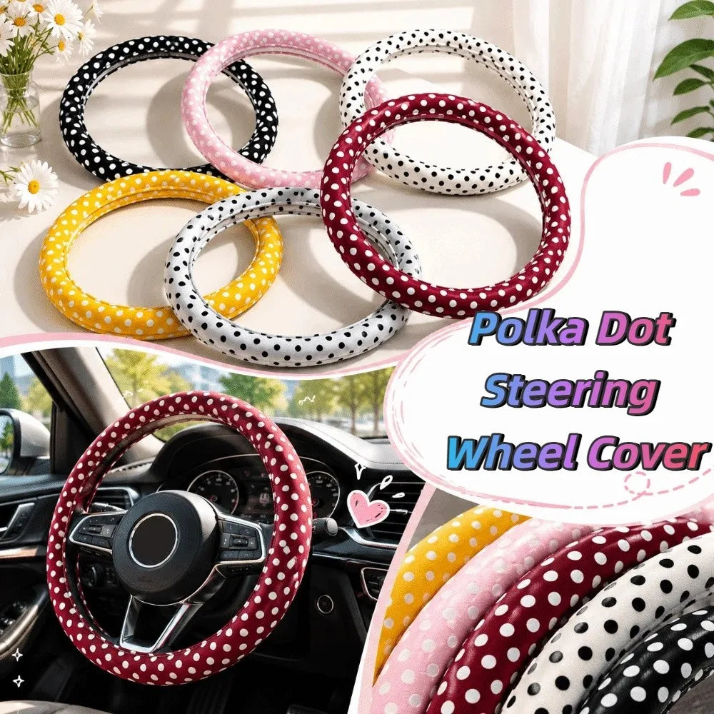 Polka Dot Pattern Steering Wheel Cover Leather Material Comfortable Hand Feel Car Protective Sleeve Easy To Install Stylish Look