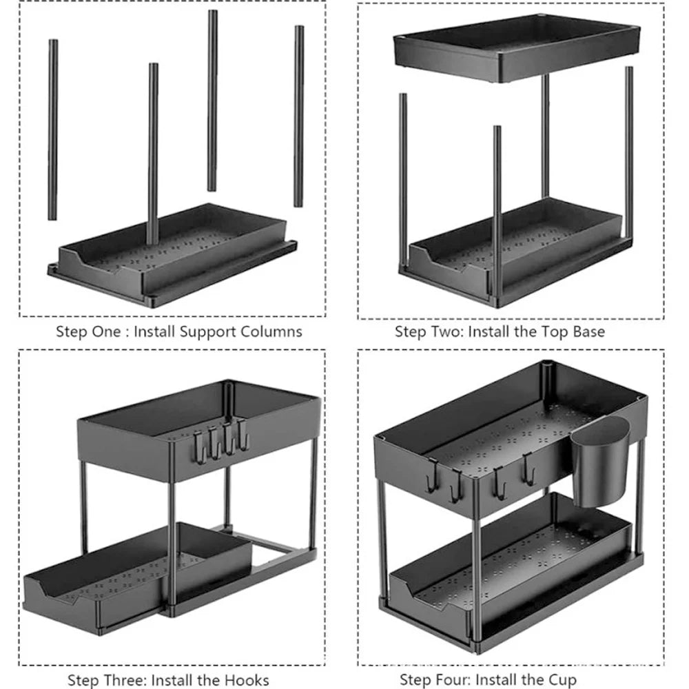 2 Tier Under Sink Organizer Sliding Cabinet Basket Organizer Storage Rack with Hooks Hanging Cup Bathroom Kitchen Organizer