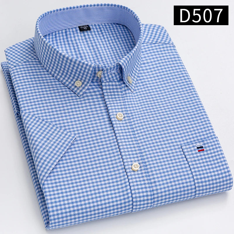 Plus Size 7XL Summer Short Sleeve Shirt 100%Cotton Shirts for Men White Plaid Striped Social Slim Fit Formal Business Clothing