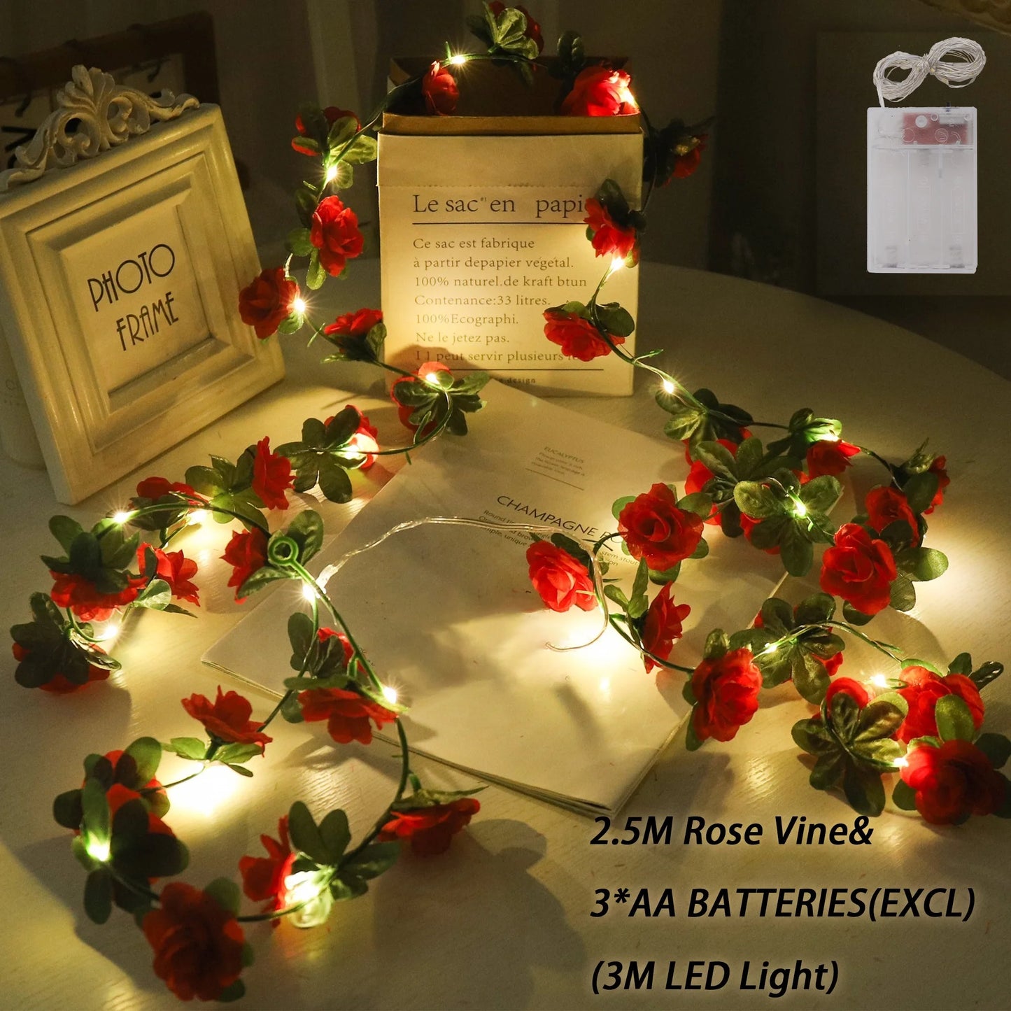 Rose LED Lights String Artificial Flowers Ivy Leaves Wedding Garland Home Room Decoration Arch Hanging Wall Garden Party Decor