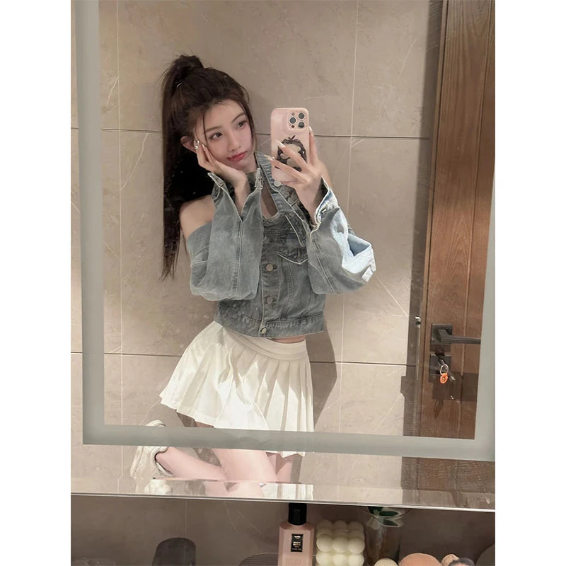 Y2K Cropped Denim Jackets Women Vintage Slash Neck Jeans Coat Streetwear Sexy Halter Long Sleeve Casual Design Outerwear Tops