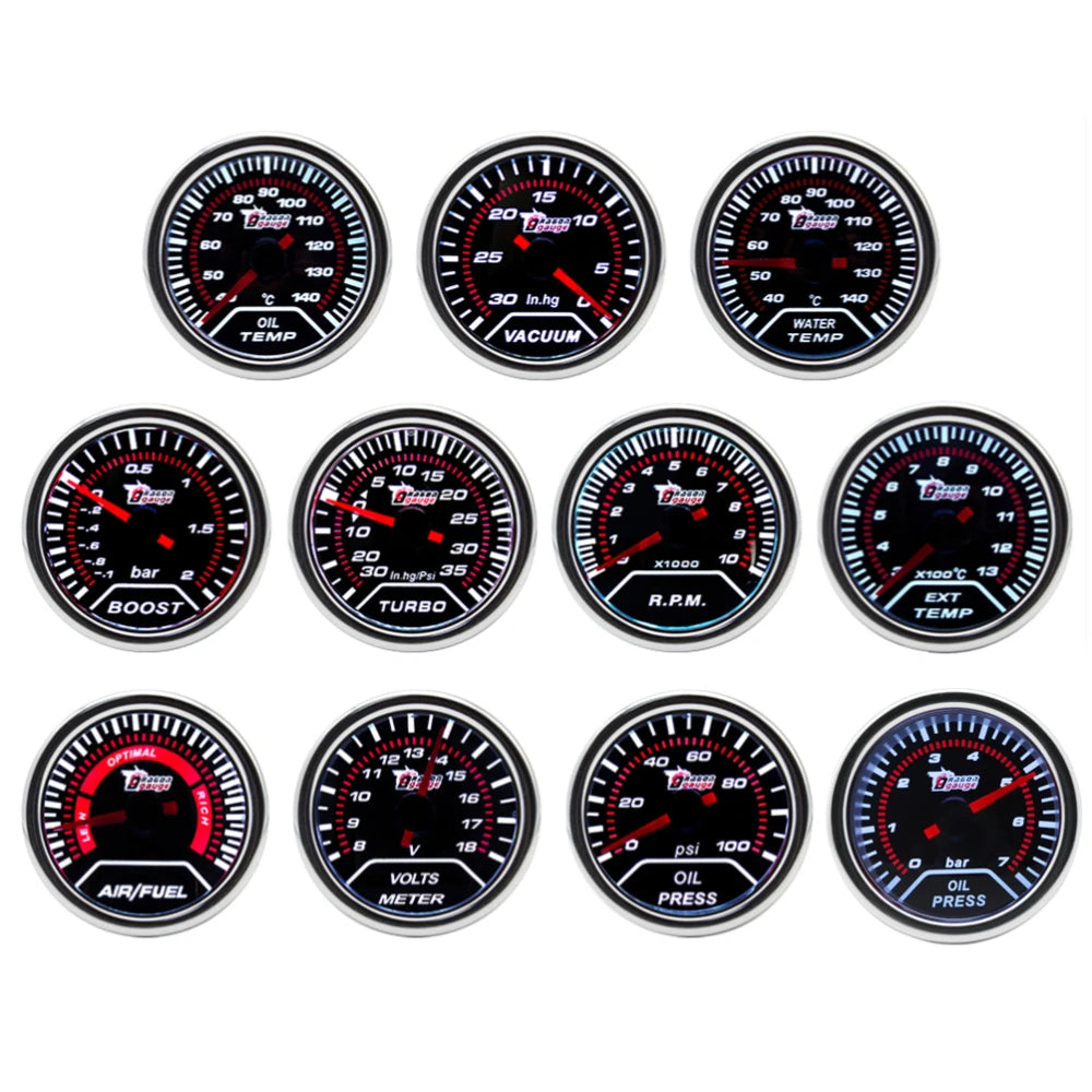 2" 52mm Universal 12V Car Turbo Boost Gauge BAR PSI Vacuum Water Temp Oil Temp Oil Press Exhaust Temp Gauge Tachometer RPM Meter