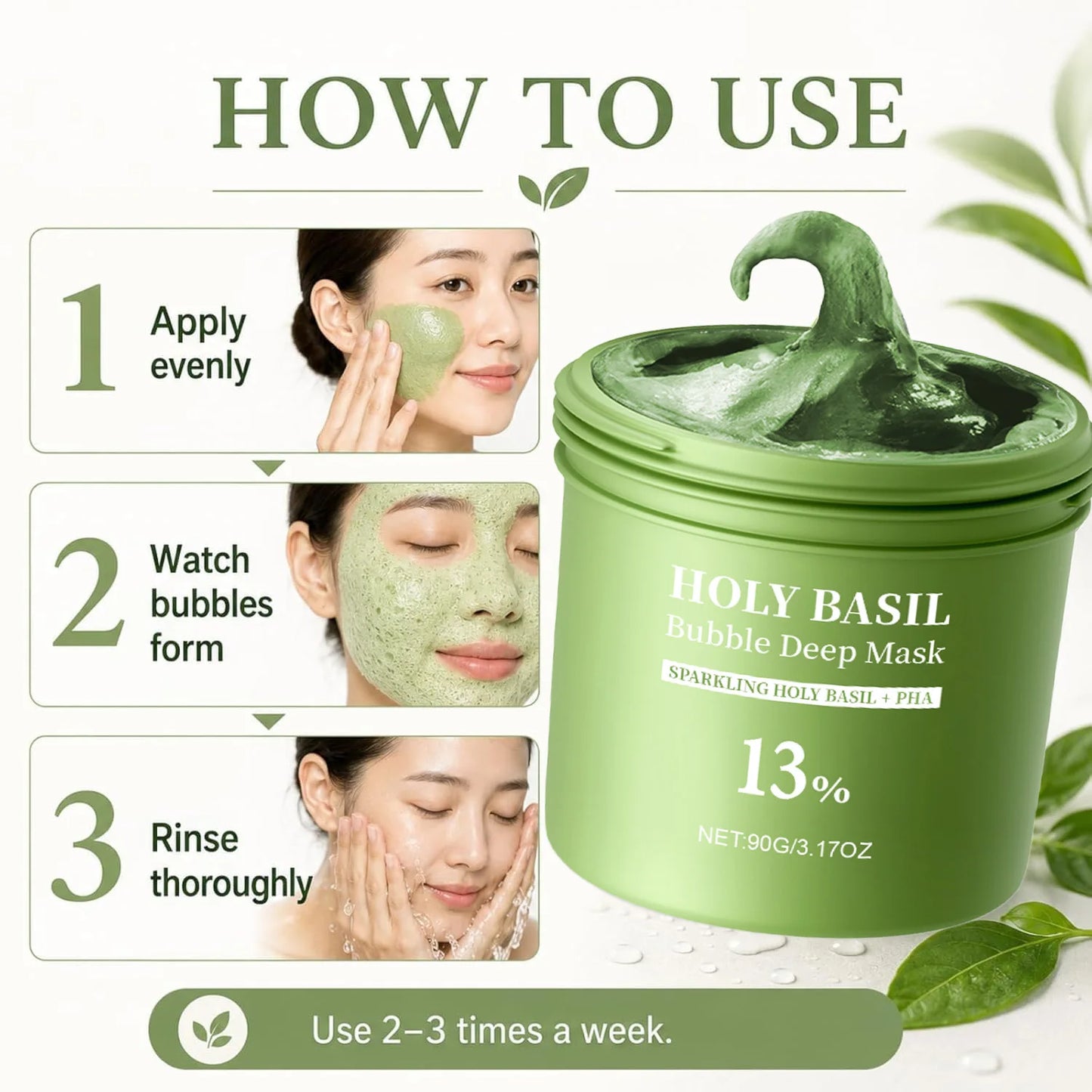 Holy Basil Bubble Deep Mask Clay-to-Foam Face Mask with PHA & Holy Basil Extract Gentle Cleansing & Hydrating Facial Mask 90g