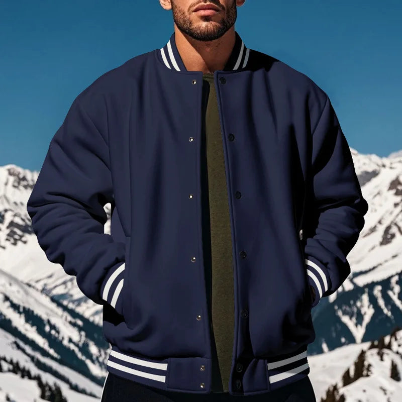 Men's Varsity Baseball Jacket Ribbed Collar Button Down Long Sleeve Loose Fit Casual Streetwear Bomber Coat With Pockets