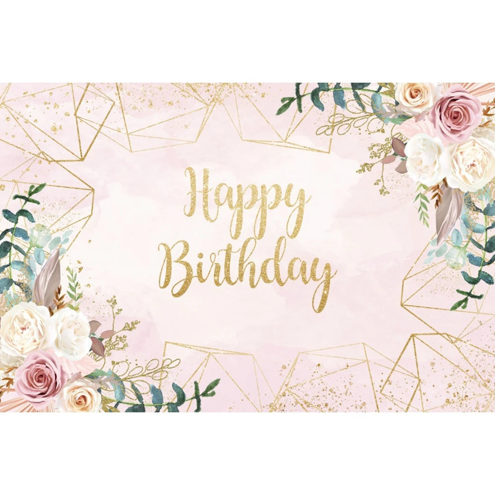 Happy Birthday Backdrop Gold Frame Frame Flower Butterfly Baby Shower Adult Anniversary Birthday Party Photography Background