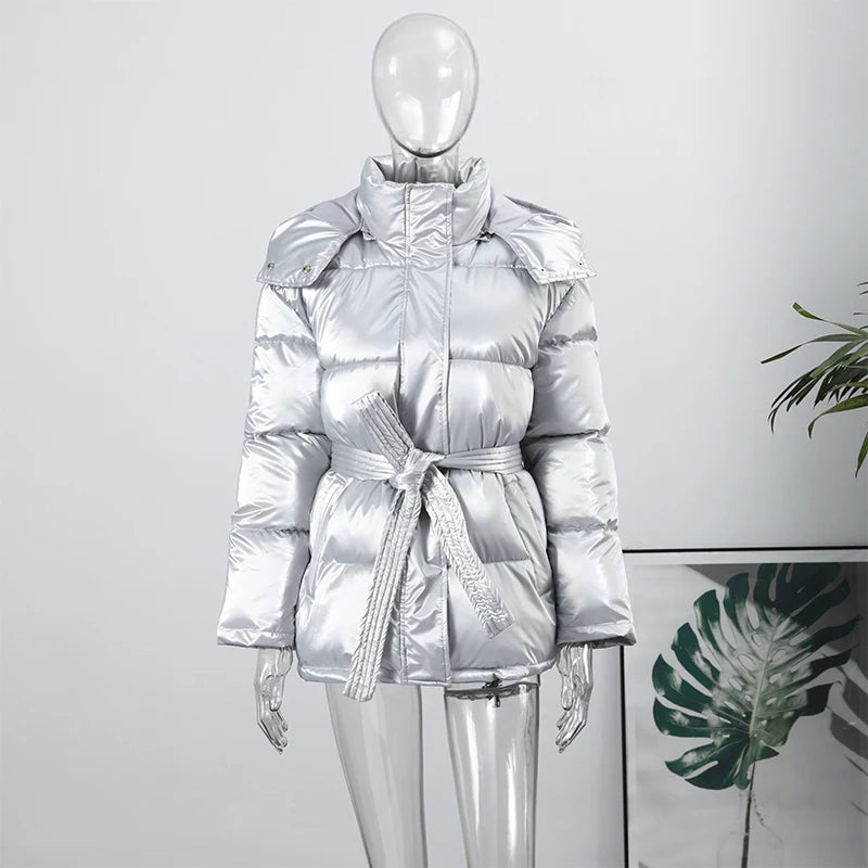 Warm Glossy Hooded Lace-up Cotton Coats Women's Casual Zipper Bottons Belted Overcoat 2026 Winter New Female Solid Streetwear