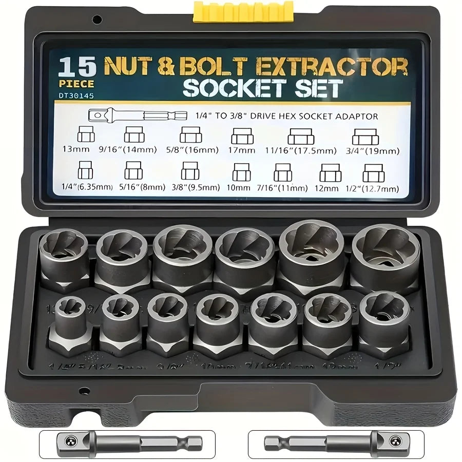 15pc Nut Extractor Set w/ Knockout Bar & 1/4"-3/8" Adapter, Bolt & Nut Remover Kit