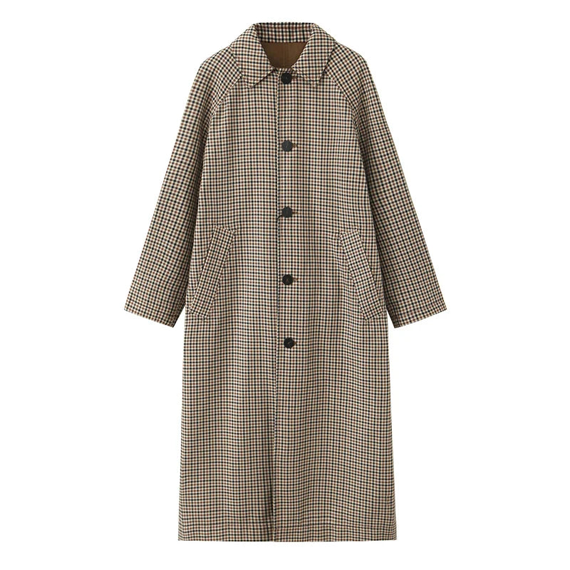 Double Sided Plaid Long Jackets For Women Single Breasted Long Sleeve Commute Street Female Trench Coat 2025 Autumn Chic Outwear