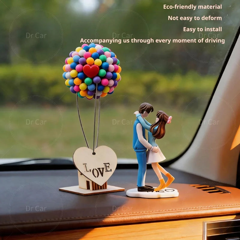 Cartoon Couple Car Decorations, Sweet Couple Car Ornaments, Balloon-Themed Decor, Resin Center Console Accessories