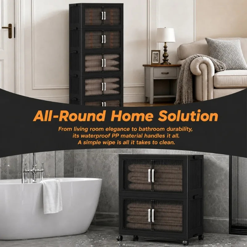 5‑Tier Stackable Plastic Storage Cabinet with Wheels, Foldable Storage Organizer with Transparent Flip‑Door, Multi‑Layer Portable Closet Organizer for Bedroom Living Room Home