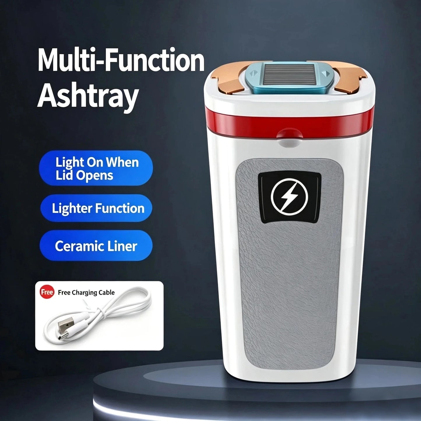 Hanging Car Solar Ashtray with Built-in Lighter & Night Light, Ceramic Liner Multifunctional Vehicle Ash Tray, Premium Auto Inte