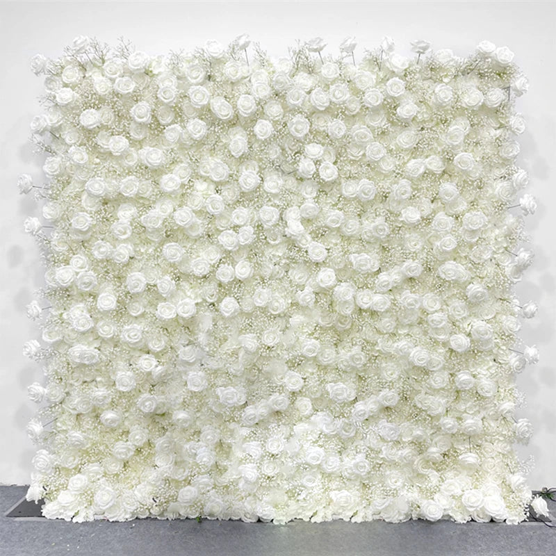 Luxur white Rose Roll Up Cloth 5D Flower Wall Arrangement Wedding Backdrop Decor Hanging Curtain Green Plants Wall Party Props