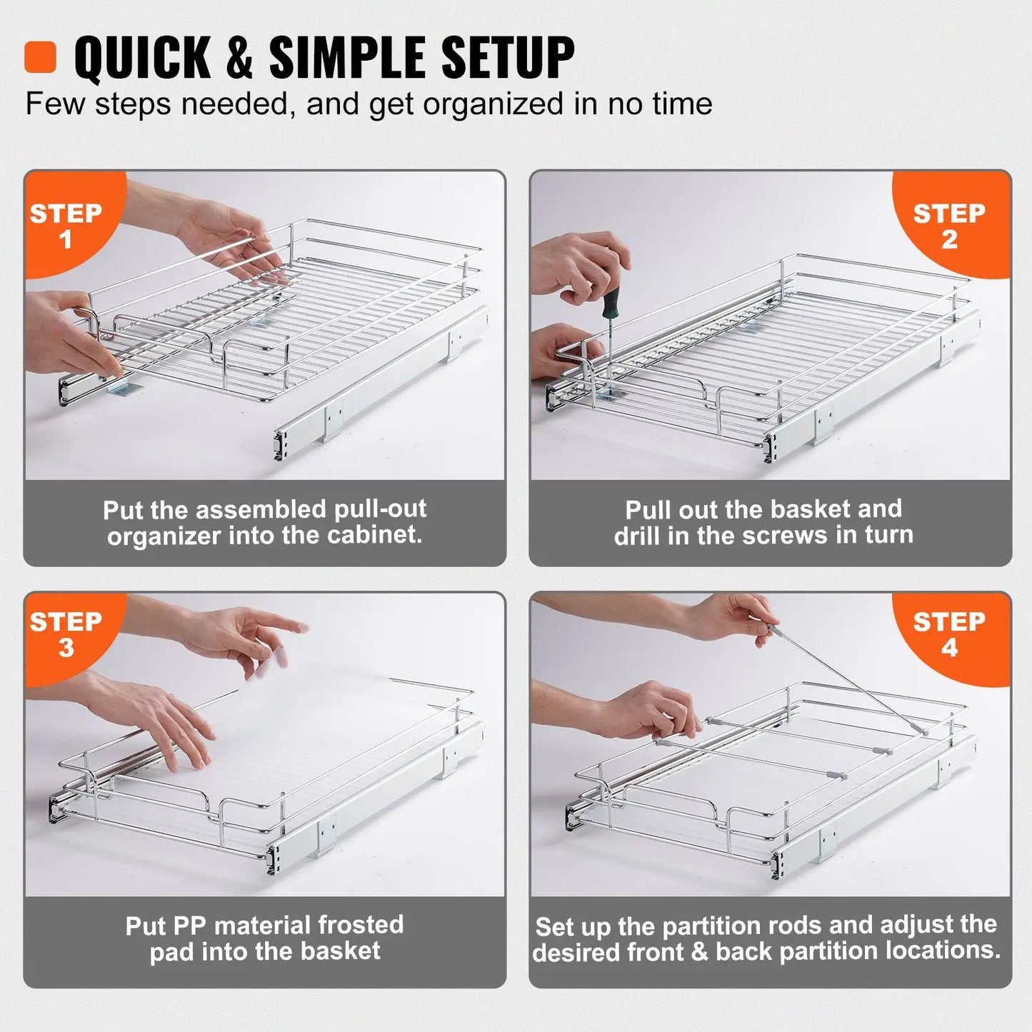12.5"Wx16.5"Dx3.5"H Pull Out Cabinet Organizer, Heavy Duty Slide Out Pantry Shelves, Steel Roll Out Drawers, Sliding Drawer Storage for Home Under Sink, 14"Wx17.5"Dx7"H Install Size for Cabinet