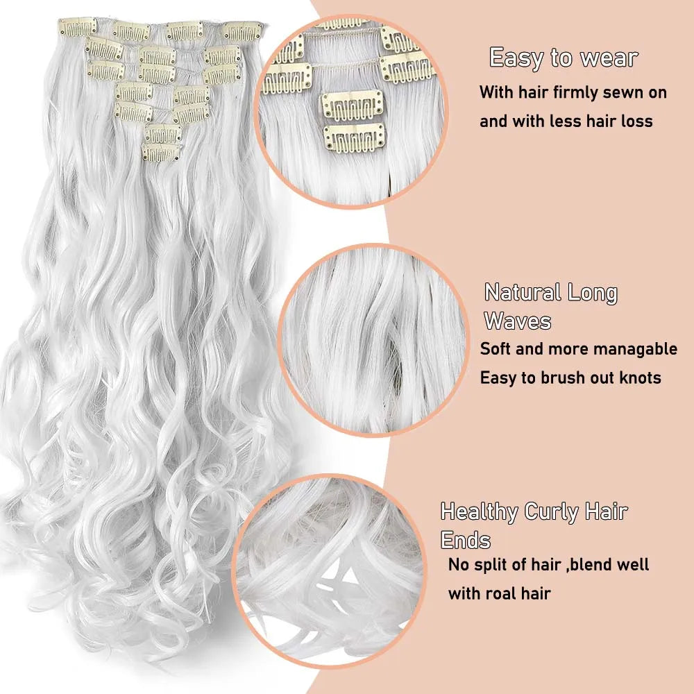 22 Inch Elegant Sexy White Hair 7Pcs/Set 16 Clips Long Curly Wave, Body Wave Synthetic Hair Extensions Clip-in Hair Extensions