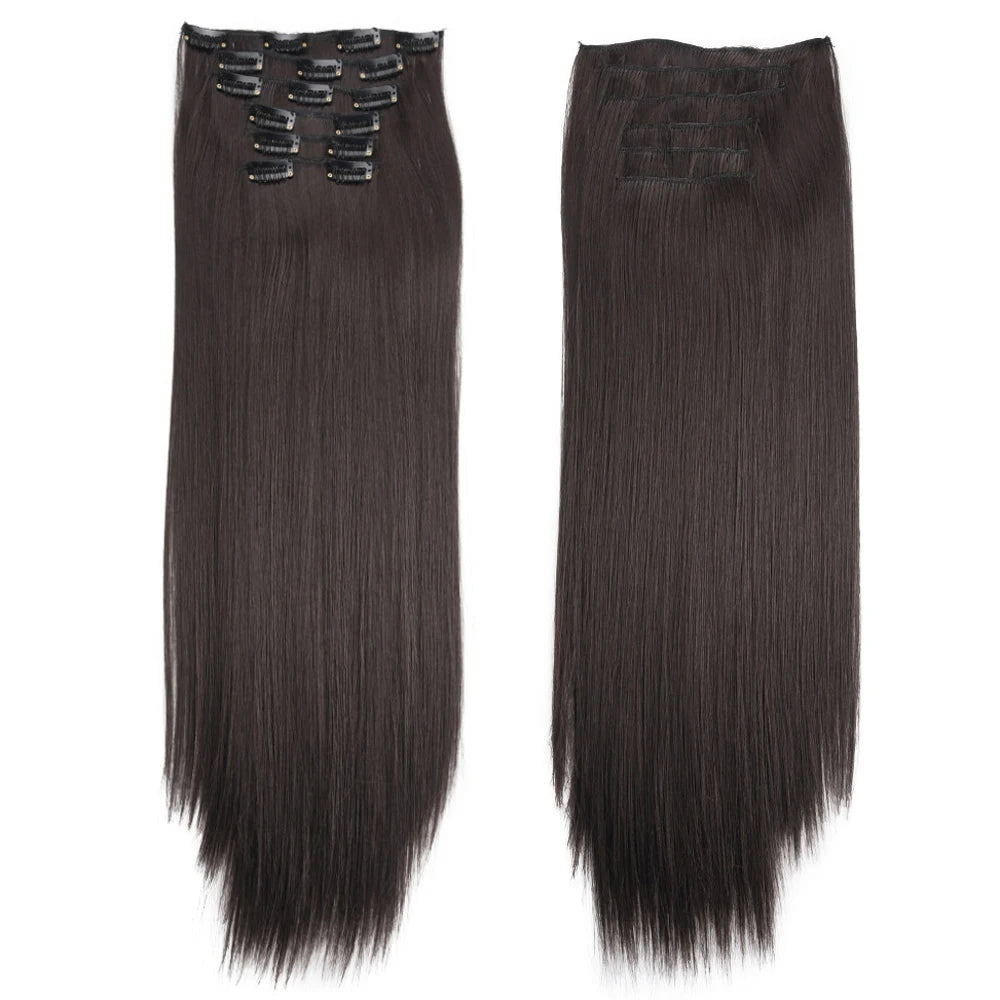 16 Clips in Hair Extensions 24Inchs Long Straight Hairstyle Synthetic Blonde Black Hairpieces Heat Resistant Fake Hair 6Pcs/Set