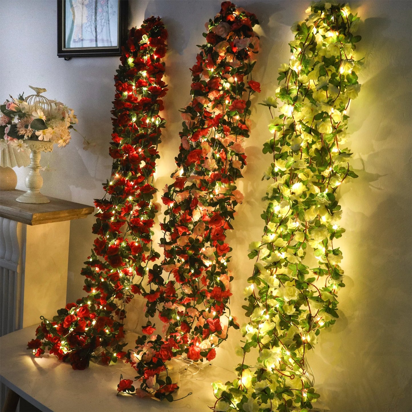 Rose LED Lights String Artificial Flowers Ivy Leaves Wedding Garland Home Room Decoration Arch Hanging Wall Garden Party Decor