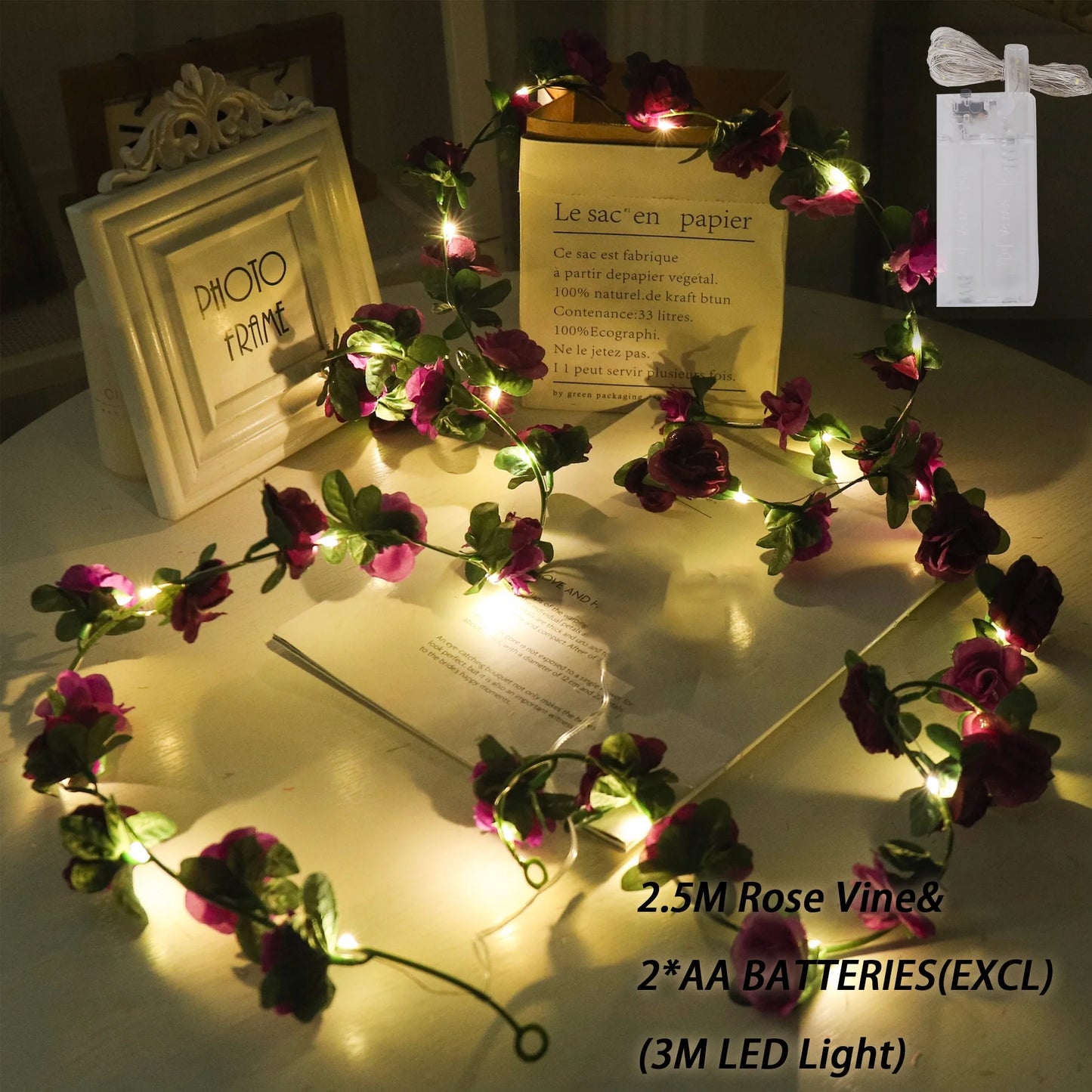 Rose LED Lights String Artificial Flowers Ivy Leaves Wedding Garland Home Room Decoration Arch Hanging Wall Garden Party Decor