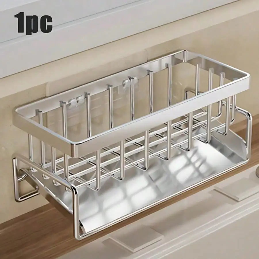 Stainless Steel Kitchen Sink Caddy Organizer, Adhesive Sponge Holder With Drain Tray, Multi Compartment Dish Brush Soap Storage Rack, Household Countertop Sink Accessory