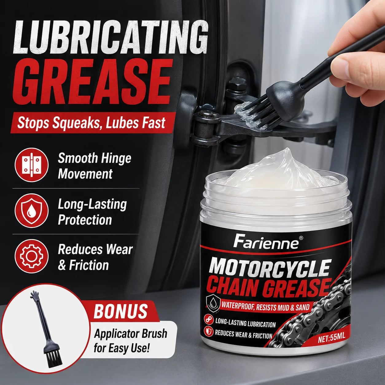 Farienne Motorcycle Chain Grease Waterproof Lubricant For Bike Chain Car Door Hinge Lock Sunroof Seat Rail 55ml With Brush
